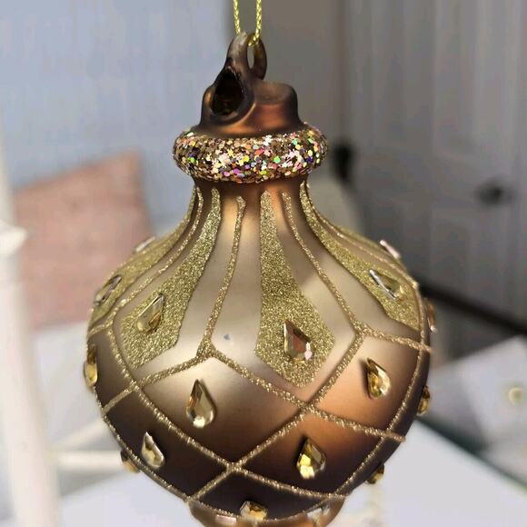 Blown Glass Finial Christmas Ornament Bronze Rhinestone Glitter - Picture 5 of 7